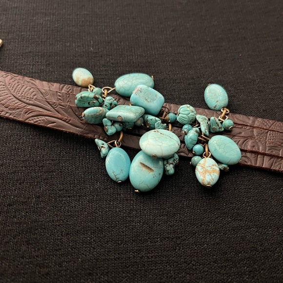 JENNY RABELL Turquoise Stone Charm, Hand Tooled Leather & Brass Adjustable Brace - Picture 4 of 14